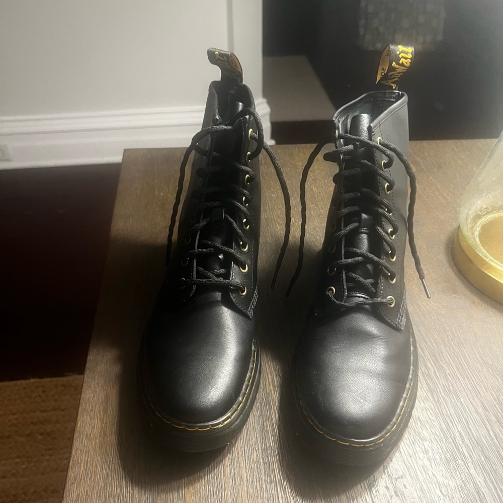 Doc Martens Black Leather Ankle Boots with Gold Accents